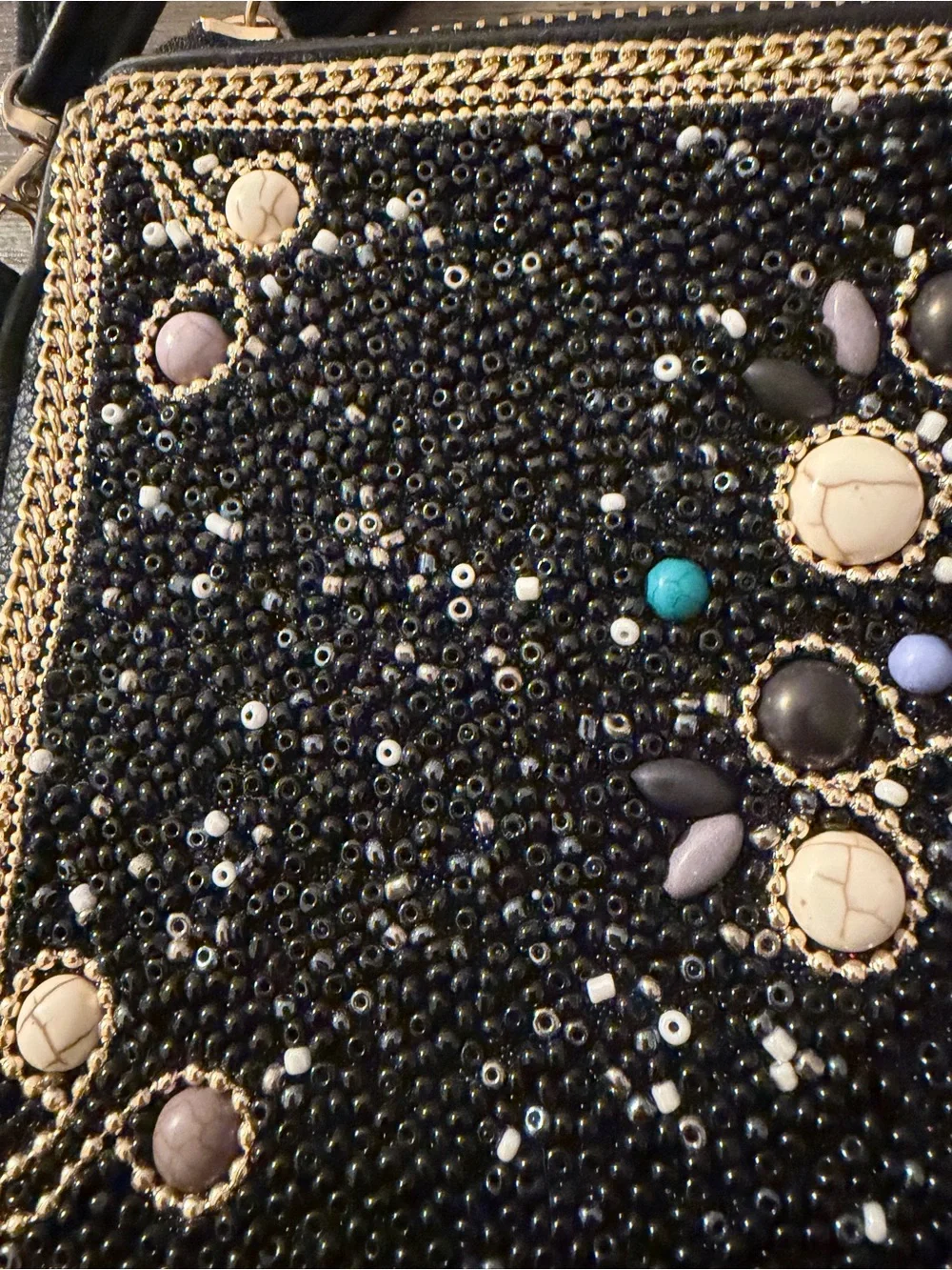Beaded Tree of Life Crossbody Bag Black Faux Leather Wristlet Multi Color Stone